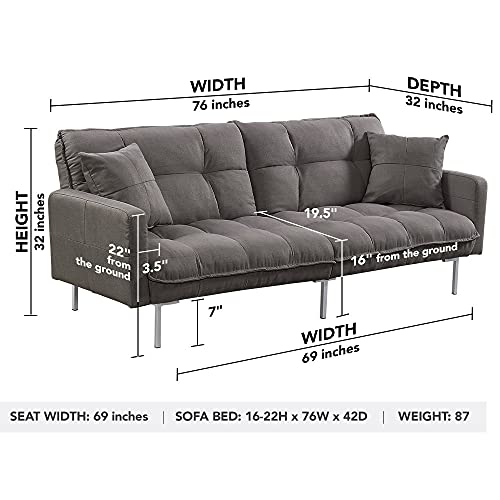 Casa Andrea Milano llc Modern Plush Tufted Linen Fabric Splitback Living Room Sleeper Futon, Small, Dark Grey