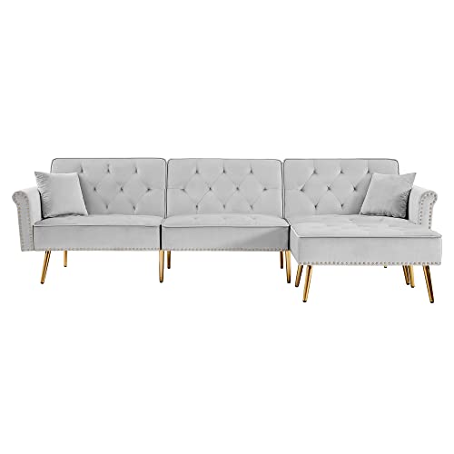 Mid-Century Sectional Convertible Sofa Bed - Contemporary Velvet Sectional L Shaped Couch Light Grey Three-seat Sofa