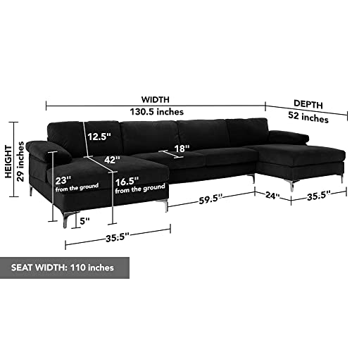 Casa AndreaMilano Modern Large Velvet Fabric U-Shape Sectional Sofa, Double Extra Wide Chaise Lounge Couch, Black