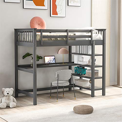 Twin Loft Bed with Desk and Storage Shelves, Wood Loft Bed with Ladder, for Kids, Teens, Adults (Espresso)