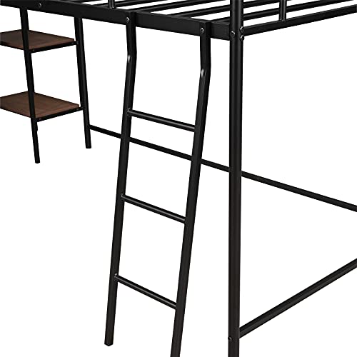 Low Loft Bed with Slide and Storage, Metal Twin Loft Bed, Multifunctional Space-Saving Kids Loft Bed with Built-in Ladder for Toddlers, Girls or Boys ,Black