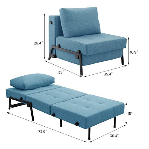 Vonanda Sofa Bed, Sleeper Convertible Chair Multi-Function Guest Bed Modern Breathable Linen Folding Bed with Hidden Legs for Small Room Apartment, Denim Blue