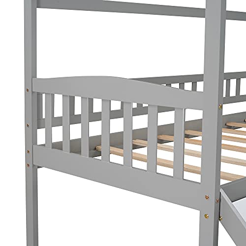House Bed Loft Bed with Slide, Twin Loft Bed with Stairs and Storage, Wood Loft Bed Frame for Kids & Girls & Boys (Gray)