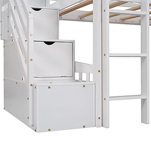 Twin Loft Bed with Slide and Storage, House Loft Bed with Stairs and Roof, Wood Loft Bed Frame for Kids, Teens, Boys & Girls (Twin Size, White)