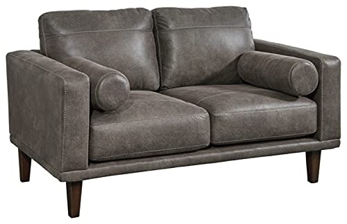 Signature Design by Ashley Arroyo Mid Century Modern Faux Leather Loveseat, Dark Gray