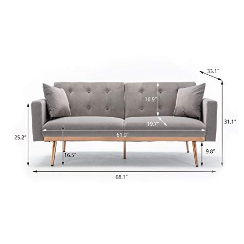 TITA-DONG Velvet Sofa Convertible Sleeper Sofa,Modern Tufted Sofa Bed with 2 Throw Pillow & Gold Plating Base 5 Leg, Adjustable Folding Accent Sofa Couch for Living Room (Grey)