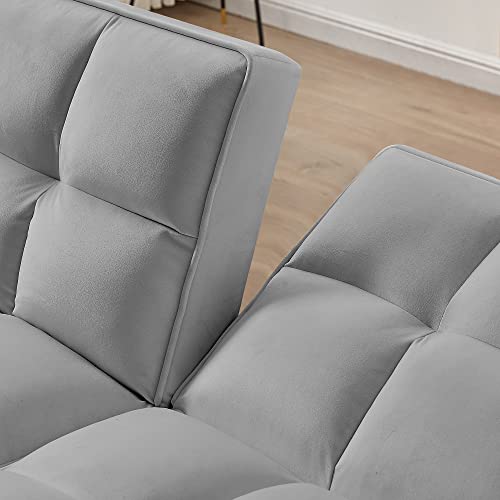Modern Sofa Bed Futon Couch - Convertible Loveseat Sleeper Reclining with Arms and 2 Pillows for Living Room, Bedroom, Compact Living Space (Gray)