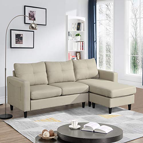Reversible Sectional Sofas for Living Room, L-Shaped Couch Convertible Sectional Sofa Couch with Reversible Chaise/Side Pocket/Tufted Cushion Back for Compact Room, Apartment, Dorm (3 Seat, Beige)