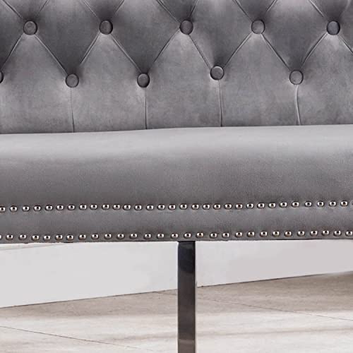 UDAX Modern Velvet Bench with Back, Upholstered Armless Couch Settee with Button Tufted Backrest Nailhead Around for Living Room and Bedroom, Accent Sofa for Home and Entryway(Grey)