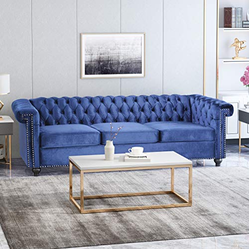 Laura Tufted Chesterfield Velvet 3 Seater Sofa, Midnight Blue and Dark Brown
