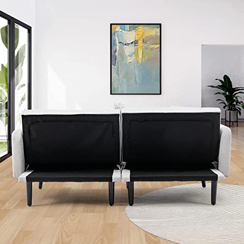 Oyerol Convertible Folding Futon Sofa Bed, Modern Linen Upholstered Split-Back Sleeper Sofa Couches for Small Space, Apartment, Overnight Guests w/Detachable Armrest, Wooden Frame (Light Grey)