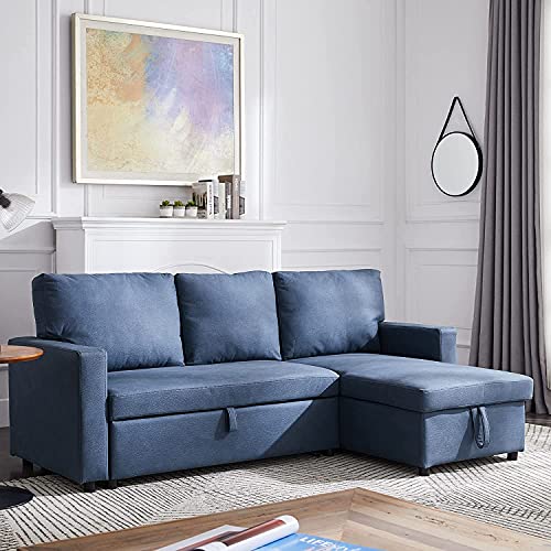 UNIROI Polyester L Shaped Sectional Sleeper Sofa Left/Right Storage Chaise Lounge, 3 Seat Corner Couch Pull-Out-Bed for Living Room Compact Space Funiture, Modern Blue