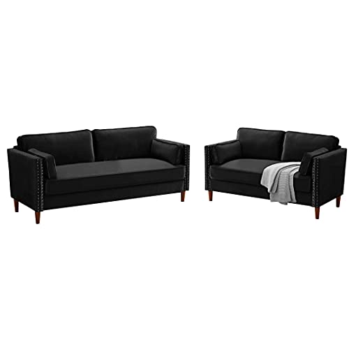 Cotoala 2 Piece Living Room Sectional Sofa Sets, Modern Upholstered Couch Furniture, One Three-Seat Chair & Loveseat, 2+3, Black