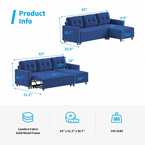 BALUS Reversible Sectional Sleeper Sofa with Large Storage Chaise, Velvet Upholstered L-Shape Sofa Couch, Pull Out Sleeper Sofa Bed for Living Room, Apartment and Office (Navy Blue)