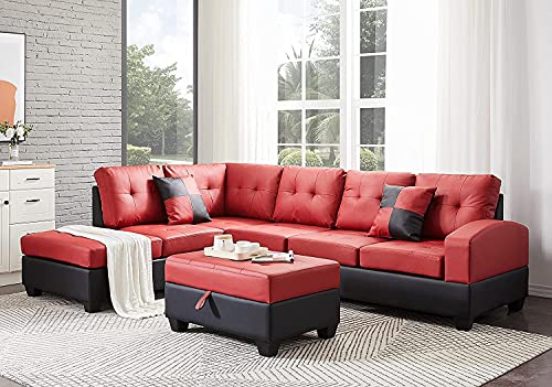 GAOPAN Red Pu Leather Sectional Sofa Couch W/Storage Ottoman & Reversible Chaise Lounge for Living Room Furniture Set, L-Shaped Tufted Cushion Corner Sofá with Two Cup Holders and 2 Pillows