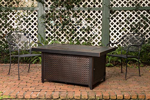 Fire Sense Weyland Rectangular Aluminum LPG Fire Pit Table | Hammered Antique Bronze Finish | 50,000 BTU Output | Uses 20 Pound Propane Tank | Fire Bowl Lid, Vinyl Weather Cover, and Clear Fire Glass