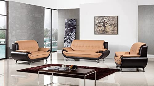 American Eagle Furniture Highland Mid Century Modern Leather Upholstered Living Room Sofa, Yellow/Brown
