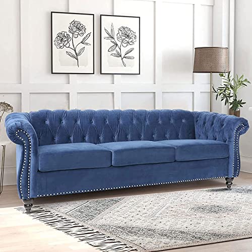 Chesterfield Sofa Couch with Velvet Upholstered Seat Cushions and Button Tufted Back, 84