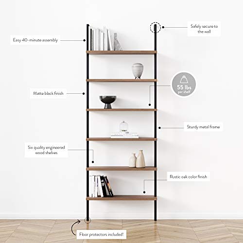 Nathan James Theo 6-Shelf Tall Bookcase, Wall Mount Bookshelf with Reclaimed Wood and Industrial Metal Frame, Oak/Black