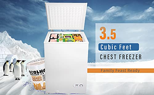 3.5 Cu.ft Chest Freezer with 1 Removable Storage Basket, Top Open Door Freezing Machine with flip-up lid, Mini Outdoor Chest Freezer with 7 Adjustable Temperature, for Home Kitchen Dorm Bar Office