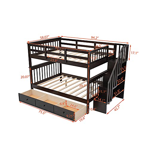 Full-Over-Full Bunk Bed with 4 Storage Stairway , 3 Drawers and Guard Rail, Full-Over-Full Bunk Bed for Bedroom, Dorm, for Family, Kids, Teens, No Box Spring Needed