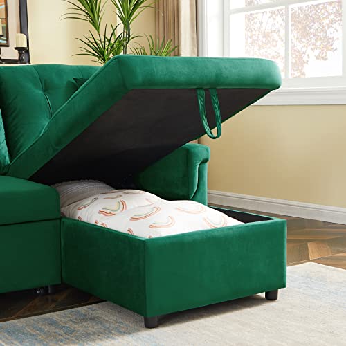 Velvet Reversible Sectional Sofa with Pull Out Sleeper Bed, Upholstered L-Shaped Sofa Couch with Storage Ottoman for Living Room Office Apartment (Green)