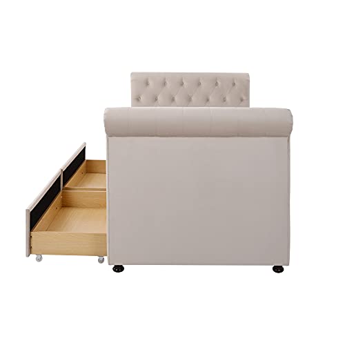 Twin Size Daybed, Upholstered Daybed with Two Storage Drawers, Wood Daybed Twin Size, Wood Slat Support Day Bed Frame, No Box Spring Needed, Easy Assembly, Beige