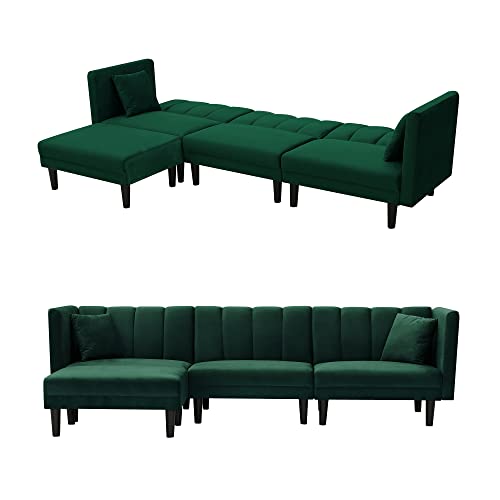 DKLGG Sectional Couch Velvet Fabric Sectional Sofa with 2 Throw Pillow, Tufted Convertible Sofa Bed Modern L Shaped Couch with Chaise, Lounge Corner Couches for Living Room (Green)