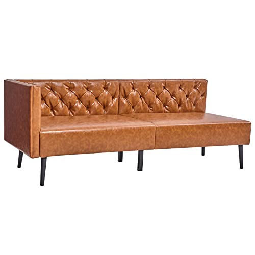 Vonanda Sectional Sofa Couch, Contemporary Tufted Faux Leather Sofa, L-Shaped Leather Couch Module with Single Armrest and 2 Throw Pillows, Caramel