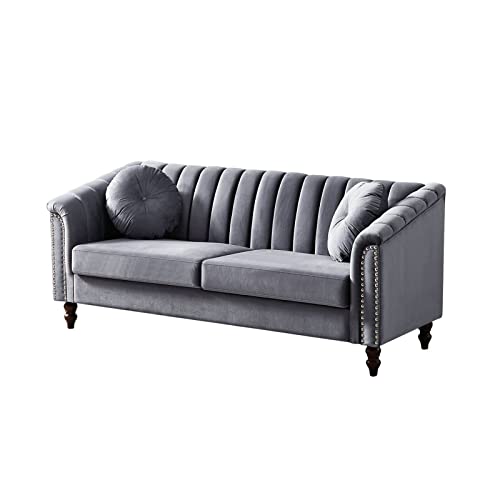 Loveseat Sofa, Upholstered Chesterfield Couch with Tufted Back and Nail Arms, Velvet Sofa with 2 Throw Pillows and Solid Wood Legs, Couches for Living Room, Apartment,Living Room Furniture Set (Gray)