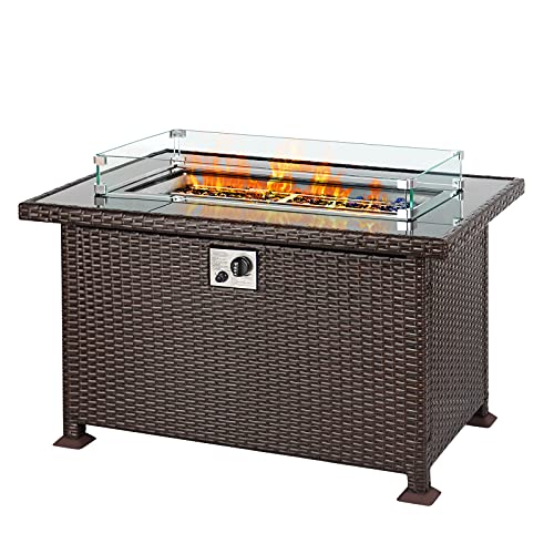 JULY'S SONG Gas Fire Pit Table Outside Propane Firepits with Wind Guard for Patio Deck Backyard, Outdoor Fireplace 43″ Wicker Rectangular