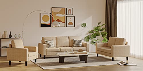 3 Piece Small Sofa Couch Set, 3-Seater + Single Armchair+ 1-Loveseat, for Small Space Living Room (Beige)