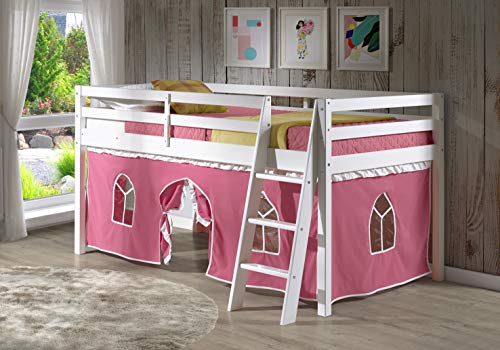 Alaterre Roxy Pine Twin Junior Loft Bed, White with Pink & White Tent