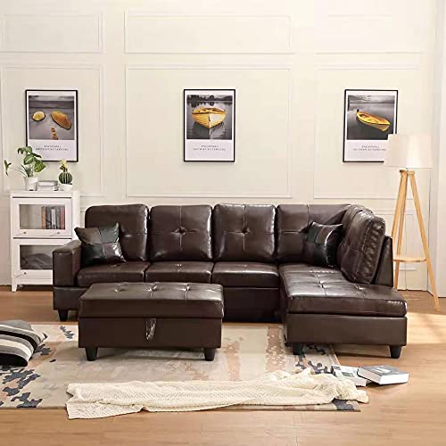 Longrune PU Sectional Couch L-Shaped Sofa Sets for Living Room with Right Chaise & Ottoman & 2 Pillows, Brown