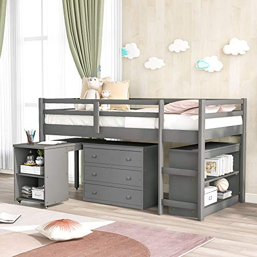 Harper&Bright Designs Low Study Twin Loft Bed with Desk and Cabinet, Grey