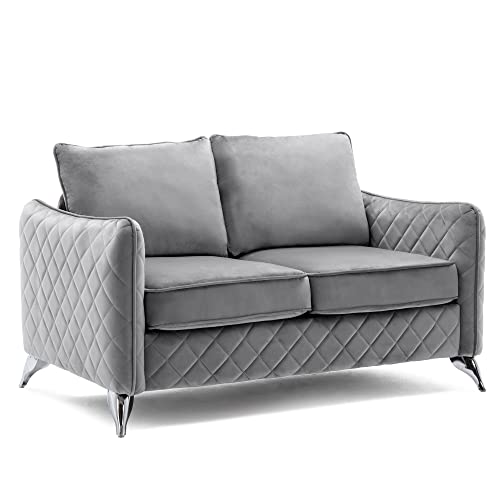 Artechworks Velvet Modern Loveseat Sofa Couch, Tufted Upholstery, Comfy Reception Love Seats, 2- Seat Chair Couch for Office, Home, Bedroom, Living Room, Apartment, Silver Tone Metal Legs, Grey