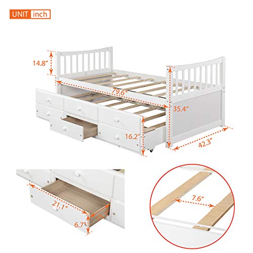 Twin Captain's Bed Storage Daybed with Trundle and Drawers for Kids Teens and Adults, White