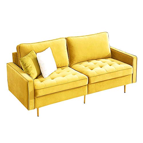 Danxee Loveseat Sofa Living Room Sofa with 2 Throw Pillows Modern Sofa Couch Velvet Fabric Golden Metal Legs 3 Seats 71 inch Wide (Yellow)