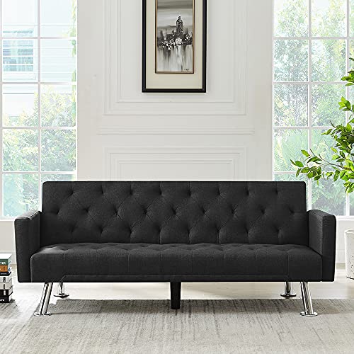 Futon Sofa Bed ，Modern Upholstered Convertible Folding Futon Sofa Couch with Armrest, Linen Fabric Sleeper Sofa Couch for Compact Living Space. (Black)