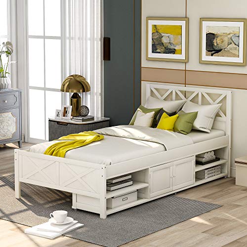 Harper & Bright Designs Twin Bed Frame with headboard ,Wood Twin Platform Bed Frame with Storage ,Bed Frame Twin for Toddlers, Kids, Guest Room ,no Box Spring Needed（Twin,White