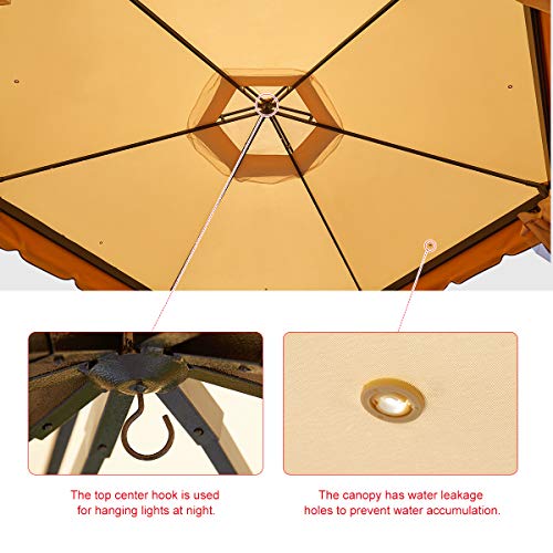 Erommy 12FT Outdoor Canopy Gazebo Hexagonal Double Roof Patio Gazebo Steel Frame Pavilion with Netting and Shade Curtains for Garden,Patio,Party Canopy, Beige