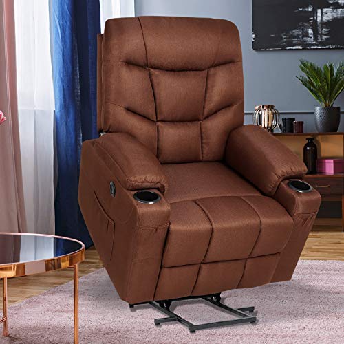 Power Lift Recliner Chair for Elderly Electric Massage Sofa with Heated Vibration,Side Pockets,Cup Holders, USB Ports,Massage Remote Control,Fabric Home Theater Seat Living Room Reclining Bed, Brown