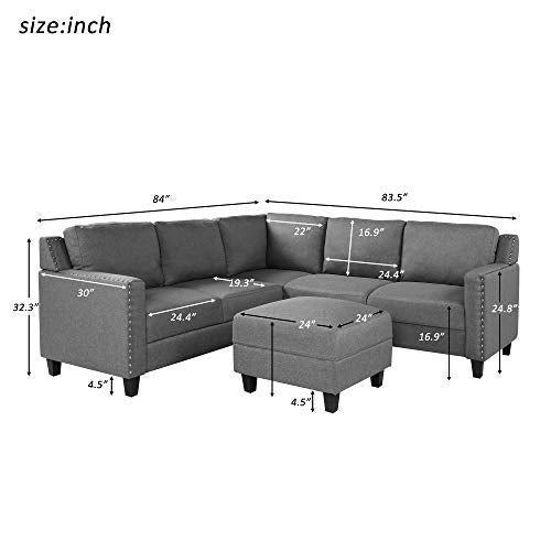 MERITLINE Sectioanl Sofa with Ottoman, Fabric L-Shaped Sectioanl Sofa Living Room Couch Set of 4 (Nail Trim-Grey)