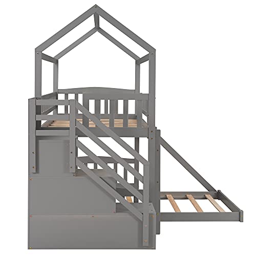 House Bunk Beds with Slide and Staircase, Twin Over Twin Bunk Beds with Roof and Guardrail for Kids, No Box Spring Needed (Grey (Slide+Staircase), Twin Over Twin)