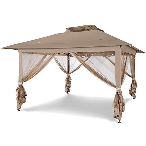 Garsing 13'x13' Outdoor Pop Up Gazebo Tent with Removable Zipper Mosquito Netting, 2-Tier Soft Top Portable Patio Gazebo Canopy Shelter for Backyard, Deck, Lawn&Garden, Beige