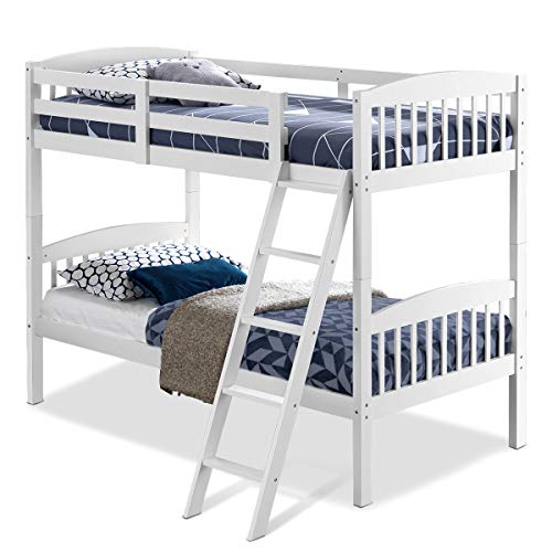 Costzon Twin Over Twin Bunk Beds, Convertible Into Two Individual Solid Rubberwood Beds, Children Twin Sleeping Bedroom Furniture W/Ladder and Safety Rail for Kids Boys & Girl (White)