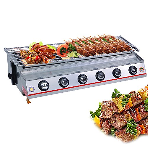 ITOPKITCHEN 6-Burner LPG Gas BBQ Grill Stainless Steel Material Adjustable Height Glass/Steel Cover Yellow/Silver Color (Steel, Grey)