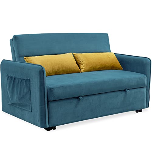 Velvet Pull Out Sofa Bed, Convertible Loveseat Sleeper Sofa w/2 Pillows and Side Pockets, 3-Position Adjustable Backrest, Small Pull Out Couch Modern Futon Sofa Bed for Living Room Bedroom, Blue