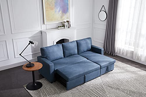 STARTO 85” Sectional Sofa Bed with Pull-Out Reversible Storage Chaise Lounge, L-Shaped 3 Seating Corner Couch Sleeper for Living Room Bedroom, Stone Fabric, Blue