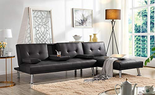 Topeakmart Living Room Sofa Couch Modern Sectional Sofa Bed Couch Faux Leather Upholstery Futon Sofa Bed with Convertible Chaise Lounge Reclining Living Room Sofa Black